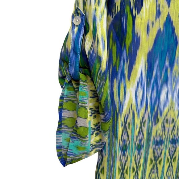 CHICO'S Ikat Breeze Top Small Petite (Chicos0) Sheer Tunic Boho Green Print NWT - Picture 9 of 10